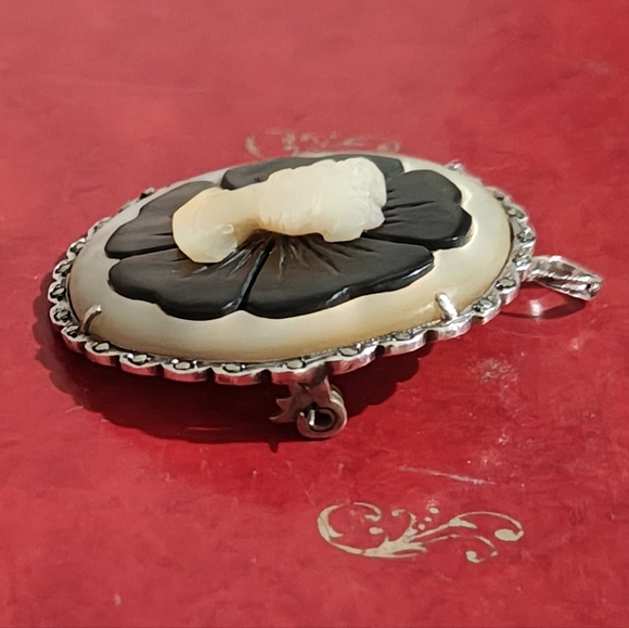 Amazing Antique 800 Silver Carved Shell Marcasite Cameo Brooch - Picture 8 of 13